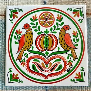 Vintage Ceramo Country Print Tile – 6” Hand Screened Folk Art with Birds